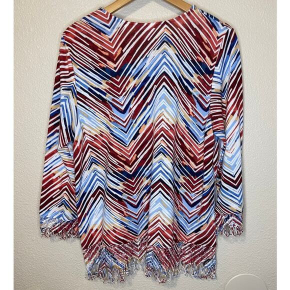 Alfred Dunner Boho Zig Zag Multicolor Fringe Long Sleeve Women's Blouse Large - Picture 2 of 9